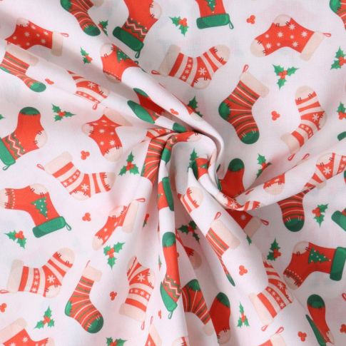 Tissu Coton imprimé Mila chaussettes de Noël Rouges sur fond Blanc