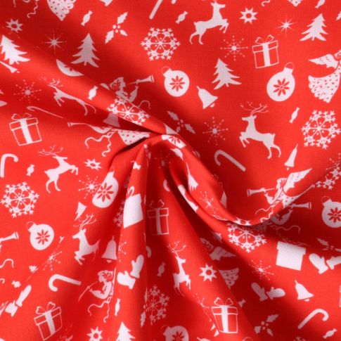 Tissu Coton imprimé Noelva motif de Noël sur fond Rouge