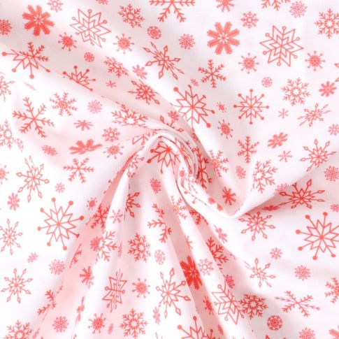 Tissu Coton imprimé Eryna flocons Rouges sur fond Blanc