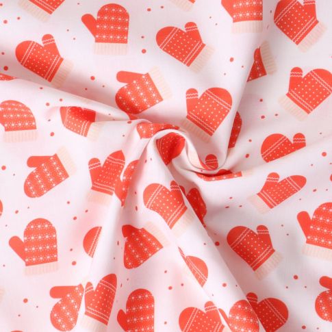Tissu Coton imprimé Noélya moufles Rouges sur fond Blanc