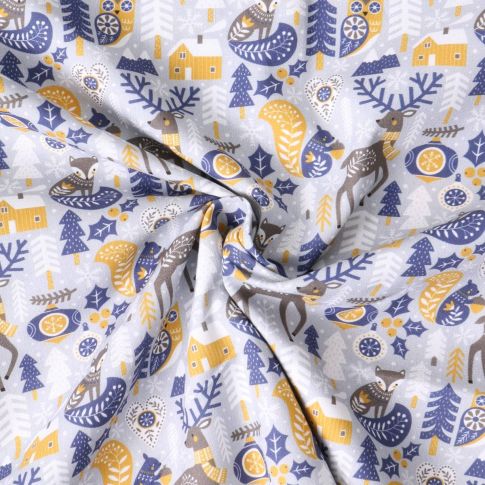 Tissu Coton imprimé Elvëa style scandinave sur fond Gris clair