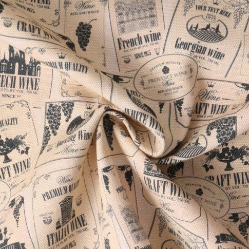 Tissu coton imprimé Sol Etiquette vin sur fond Beige