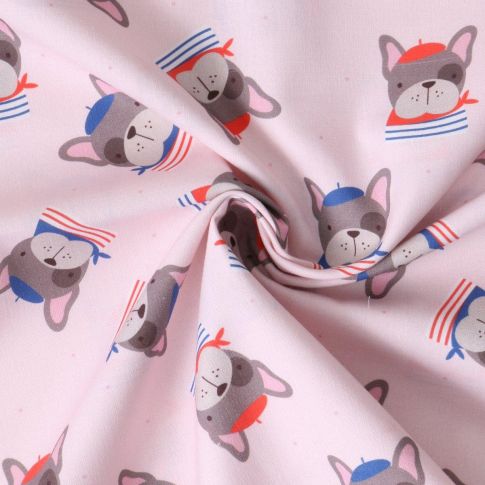 Tissu Coton imprimé  Bouledogue Parisien sur fond Rose pâle