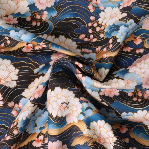 Tissu Coton imprimé  Amehana fleurs Roses pâle sur fond Noir