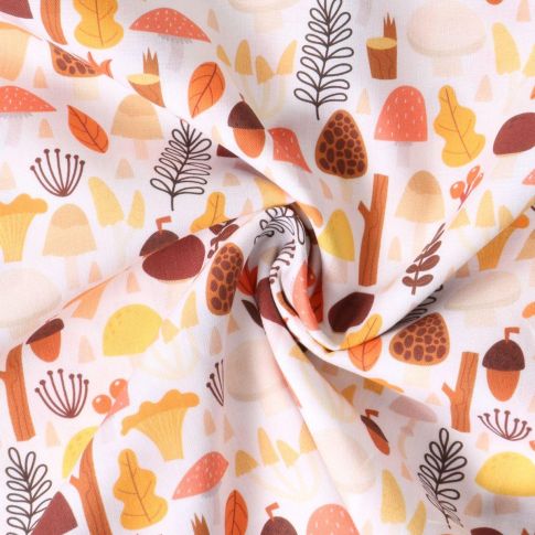 Tissu Coton imprimé  Champifolies en automne sur fond Crème