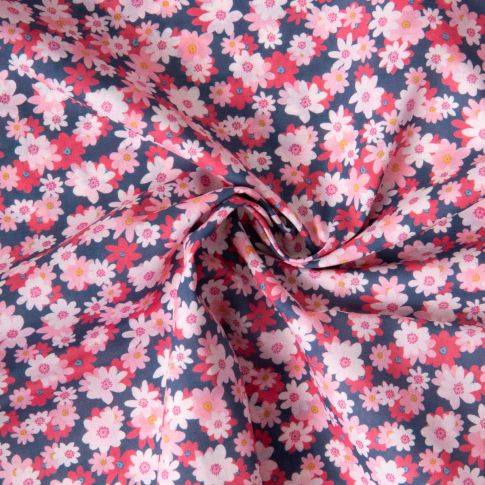 Tissu Popeline de Coton légère imprimé Carmen floral rétro sur fond Bleu marine