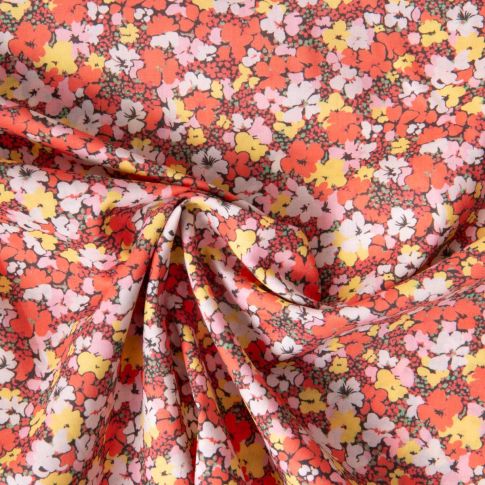 Tissu Popeline de Coton légère imprimé Inès floral décoratif rétro sur fond Corail