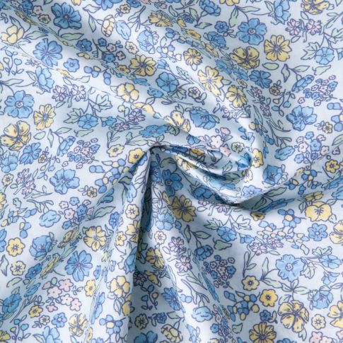 Tissu Popeline de Coton légère floral vintage sur fond Bleu ciel