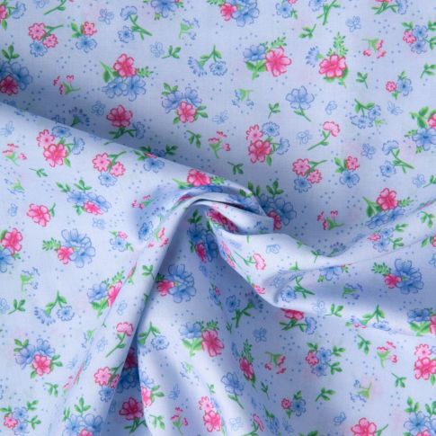 Tissu Popeline de Coton légère Jardin celeste sur fond Bleu ciel