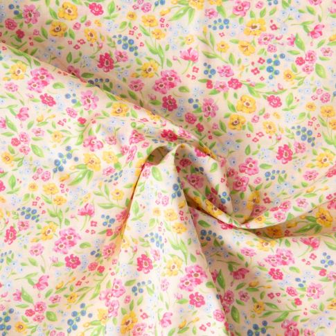 Tissu Voile de Coton digital imprimé Jardin en Fleurs sur fond Ivoire