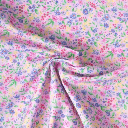 Tissu Voile de Coton digital imprimé Jardin en Fleurs sur fond Rose clair