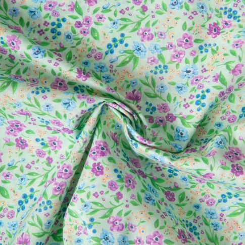Tissu Voile de Coton digital imprimé Jardin en Fleurs sur fond Vert amande