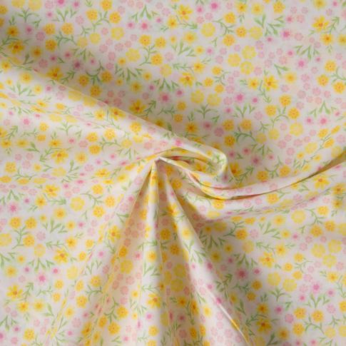 Tissu Voile de Coton digital imprimé Douce prairie sur fond Ecru