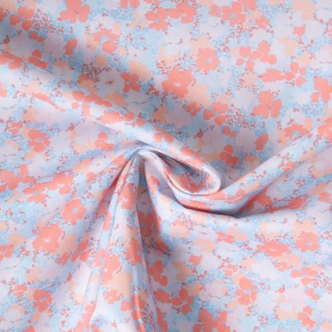 Tissu Popeline de Coton légère Fleurs bleu pastel et corail sur fond Bleu ciel
