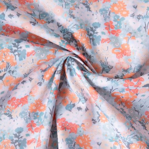 Tissu Popeline de Coton légère Petites fleurs bleues et oranges sur fond Blanc