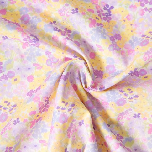 Tissu Popeline de Coton légère Petites fleurs roses et jaunes sur fond Blanc