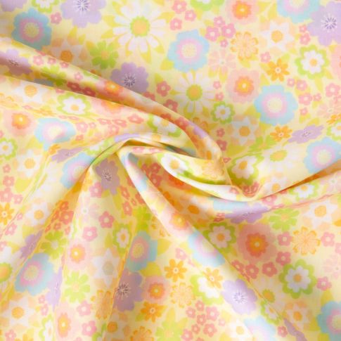 Tissu Popeline de Coton légère Petites fleurs multicolores sur fond Jaune pastel