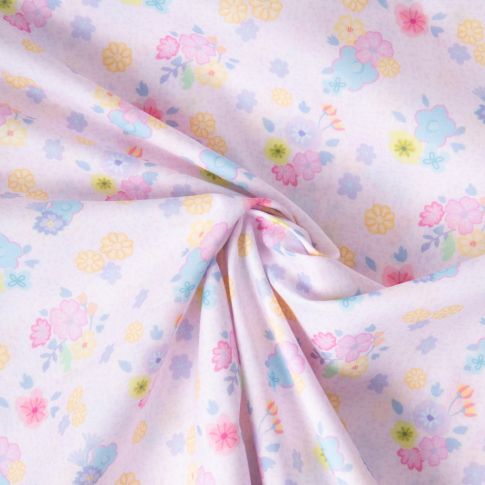 Tissu Popeline de Coton légère Petites fleurs roses, jaunes et bleues sur fond Lilas