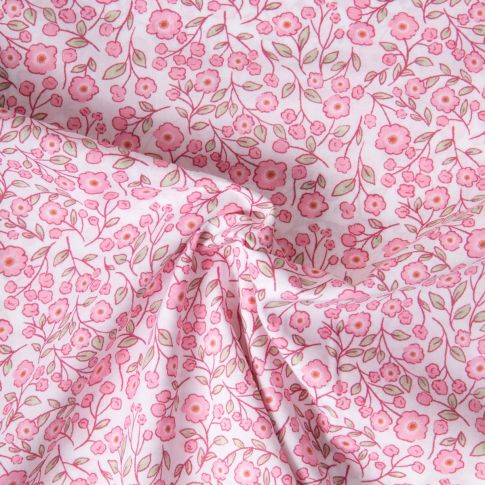Tissu Popeline de Coton légère floral printanier rose sur fond Blanc