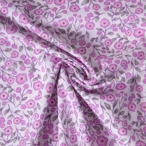Tissu Popeline de Coton légère floral fuschia, rose et vert sauge sur fond Blanc cassé