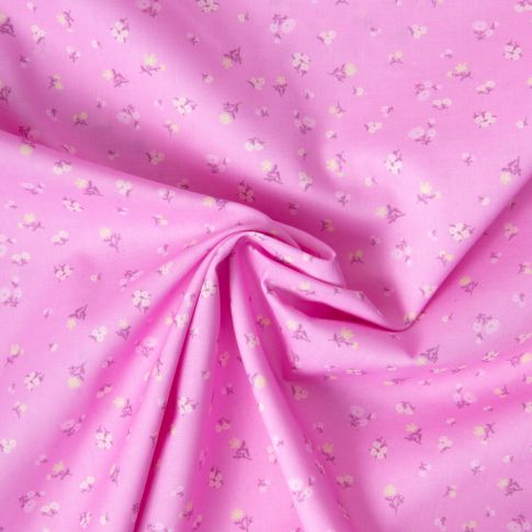 Tissu Popeline de Coton légère  Petites fleurs roses pales et jaune pastel sur fond Rose bonbon