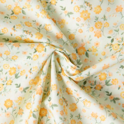 Tissu Popeline de Coton légère Petites fleurs oranges sur fond Blanc cassé