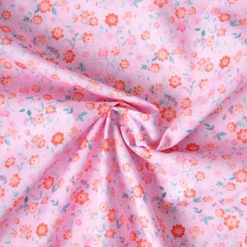 Tissu Popeline de Coton légère Petites fleurs rouges sur fond Rose clair