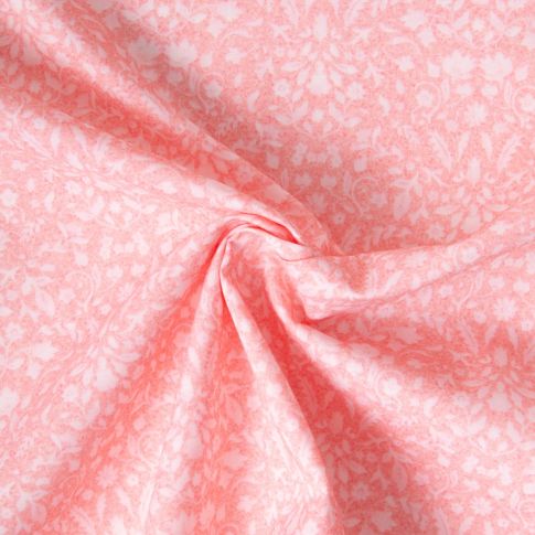 Tissu Popeline de Coton légère floral romantique blanc sur fond Rose poudré