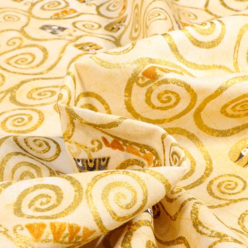 Tissu Gustav Klimt Arbres en volutes dorées sur fond Ecru