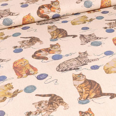 Tissu Toile de Coton Chat joueur sur fond Beige