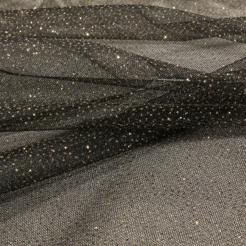 Tissu Tulle Strass Paillettes or sur fond Noir