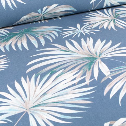 Tissu Toile Canvas Grandes feuilles de palmier sur fond Bleu