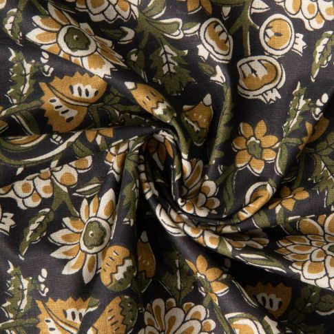 Tissu Voile de Coton indien Block print Fleuris ocre sur fond Noir