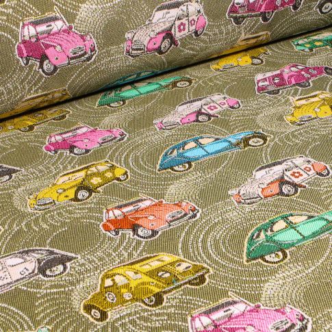 Tissu Jacquard 2 CV sur fond Vert kaki