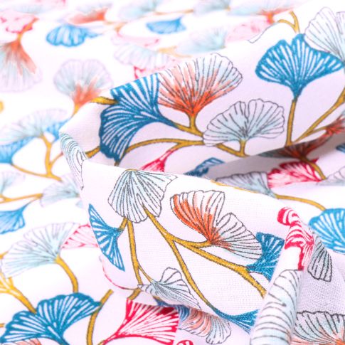 Tissu Coton imprimé Arty Gingko multicolore sur fond Blanc