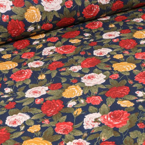Tissu Coton enduit Roses jaunes rouges et blanches sur fond Bleu marine