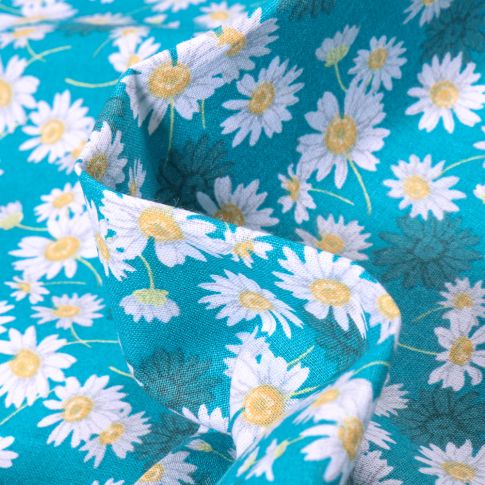 Tissu Coton imprimé Arty Marguerite sur fond Bleu turquoise