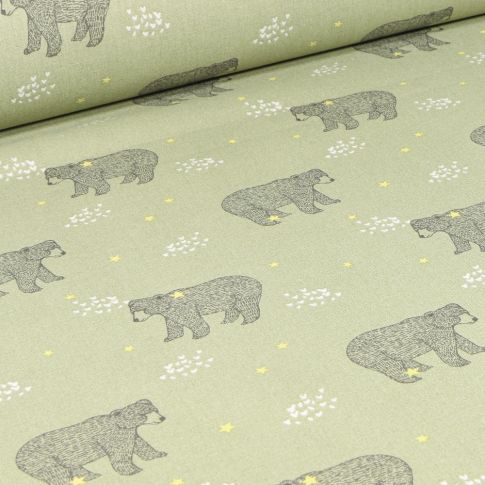 Tissu Coton imprimé Arty Baloo sur fond Vert kaki clair