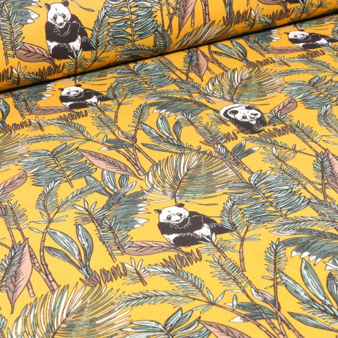 Tissu Coton imprimé Arty Bambou et panda sur fond Jaune