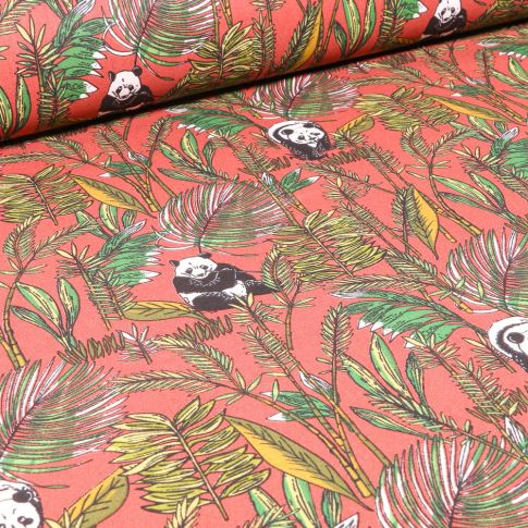 Tissu Coton imprimé Arty Bambou et panda sur fond Rouille