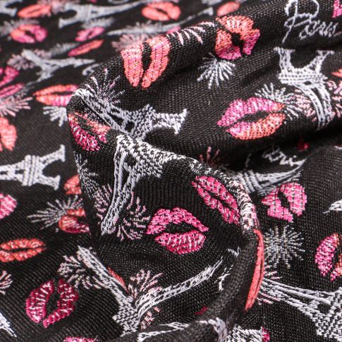 Tissu Jacquard Bisous de Paris sur fond Noir