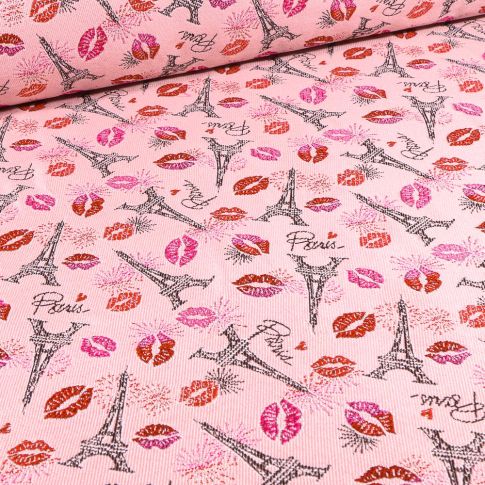 Tissu Jacquard Bisous de Paris sur fond Rose