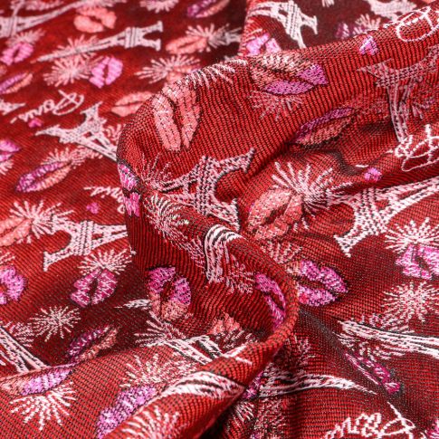 Tissu Jacquard Bisous de Paris sur fond Rouge