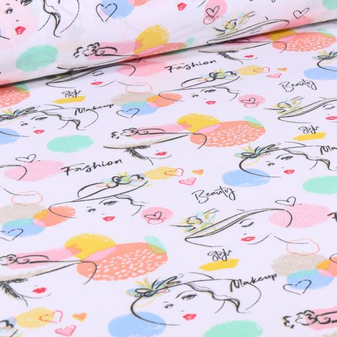 Tissu Coton imprimé Arty Lady blush sur fond Blanc
