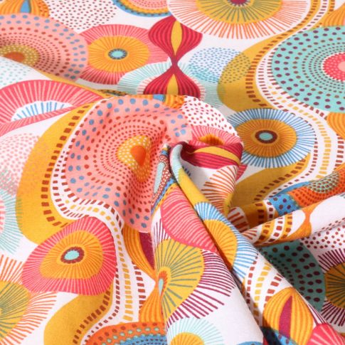 Tissu Coton imprimé Rosace striées  jaune et rose sur fond Blanc