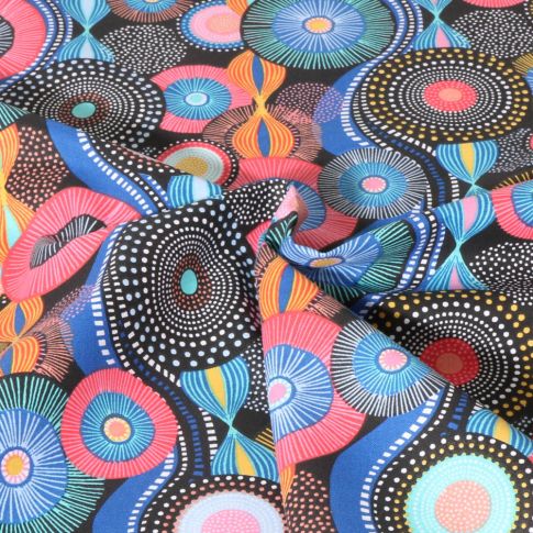 Tissu Coton imprimé Boubou bleu sur fond Noir