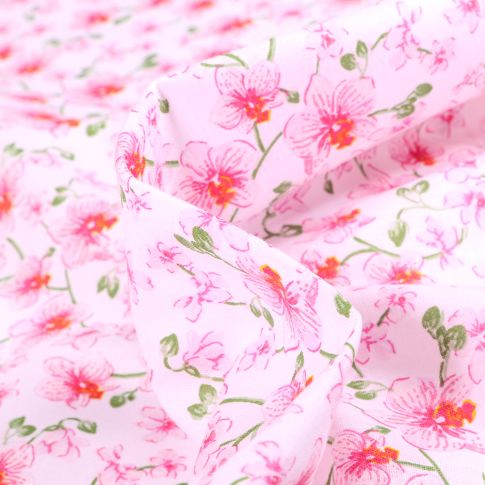 Tissu Coton imprimé Arty Orchidées sur fond Rose
