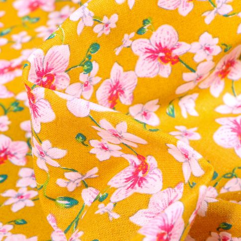 Tissu Coton imprimé Arty Orchidées sur fond Jaune