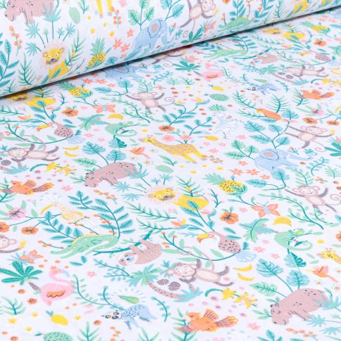 Tissu Coton sergé Arty Happy Jungle ciel sur fond Blanc
