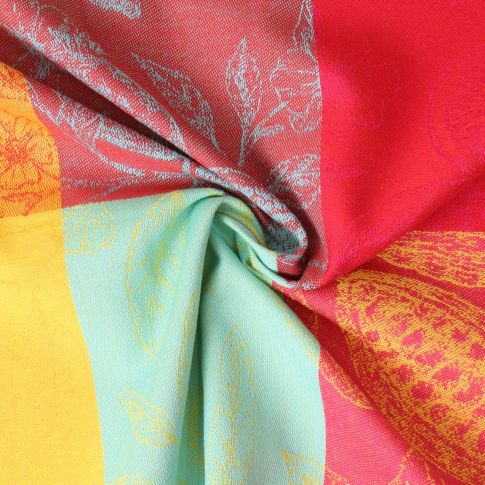 Tissu Jacquard Paloma damiers Jaune et Orange sur fond Bleu turquoise